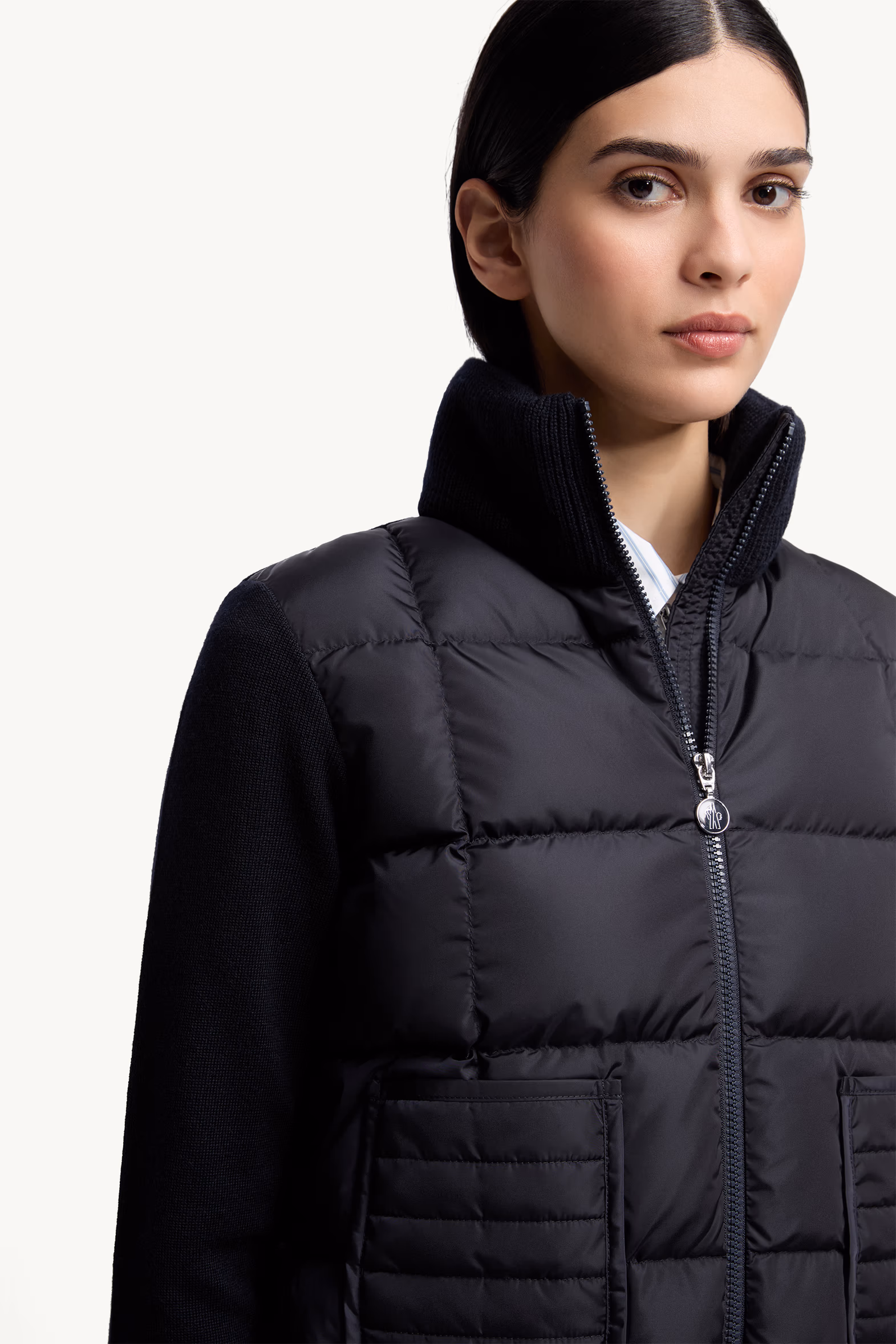 Cardigan zippé en laine à matelassage en carré Femmes Bleu marine Moncler 6